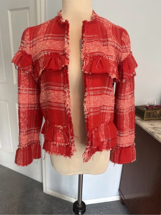 Zara Jackets & Blazers - Zara Red Plaid Fringed Tweed Blazer Jacket